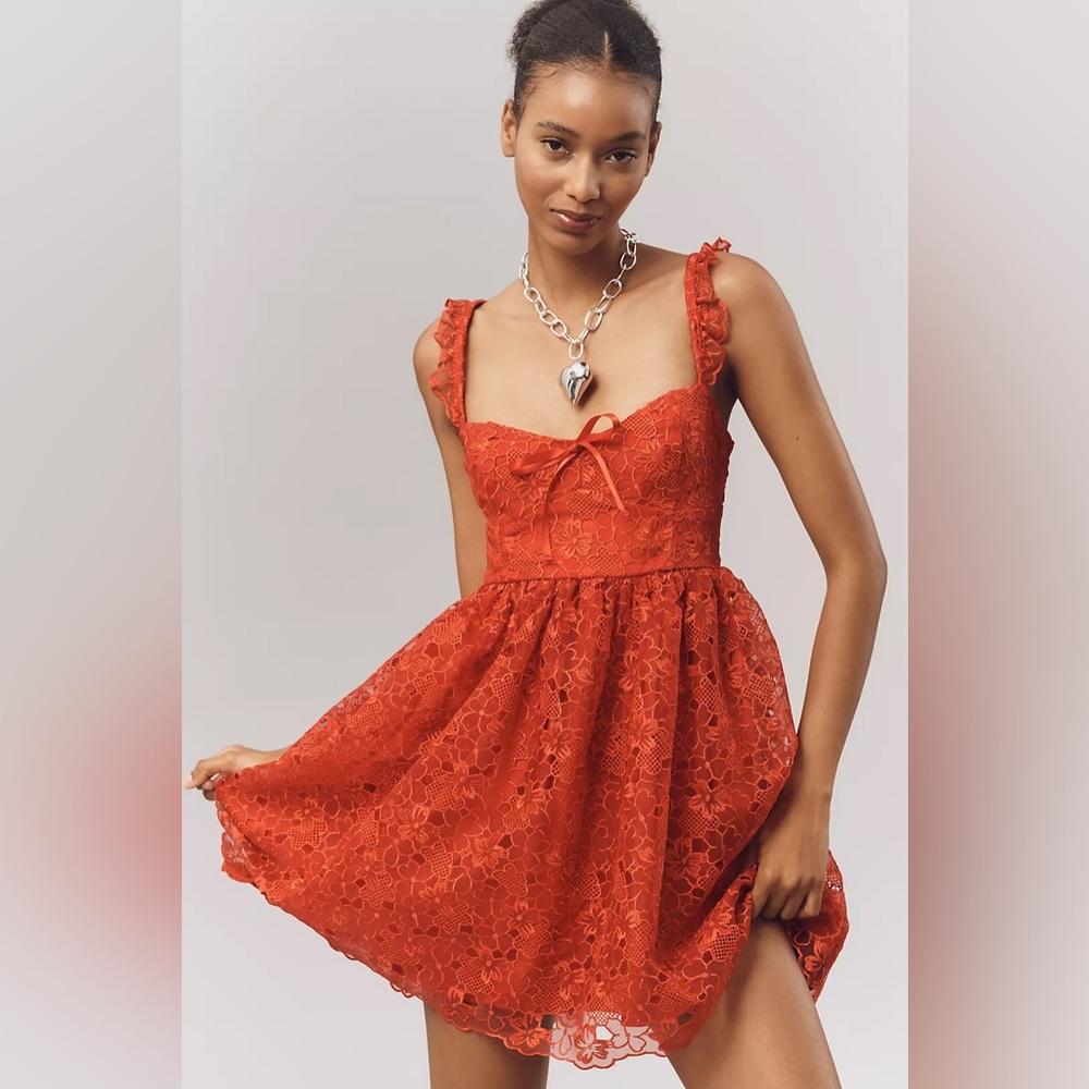 Anthropologie NWT Ruffle-Strap Corset Lace Mini Dress - Lipstick Red